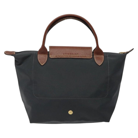 LONGCHAMP Hand Bag Nylon Leather Gray Gold Auth 124565