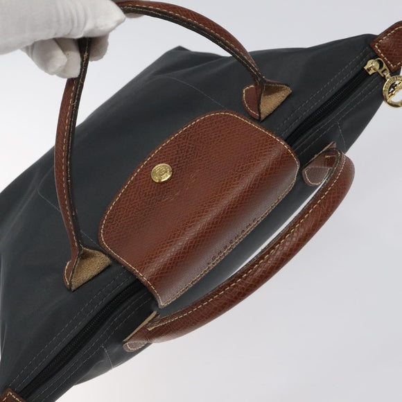 LONGCHAMP Hand Bag Nylon Leather Gray Gold Auth 124565