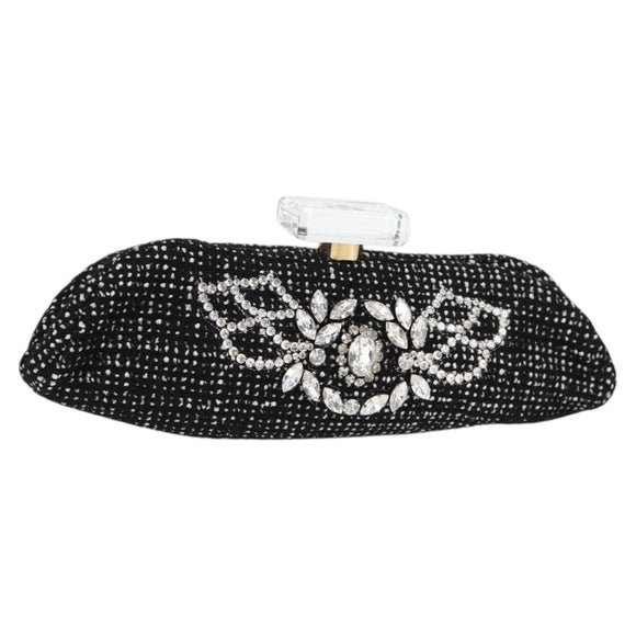 CHANEL Clutch Bag Tweed Black Gold CC Auth 124606AV