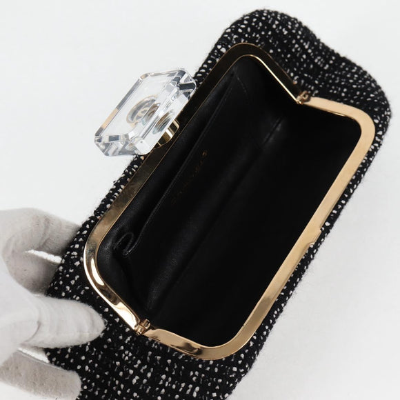 CHANEL Clutch Bag Tweed Black Gold CC Auth 124606AV