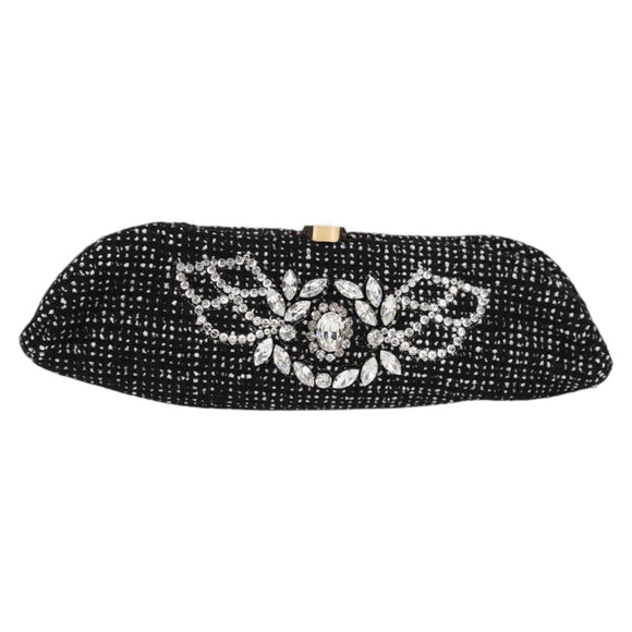 CHANEL Clutch Bag Tweed Black Gold CC Auth 124606AV