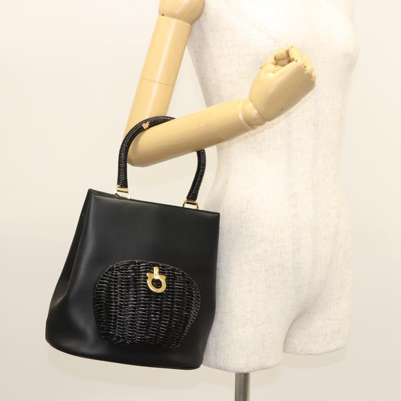 Salvatore Ferragamo Hand Bag Leather Black Gold Auth 124688