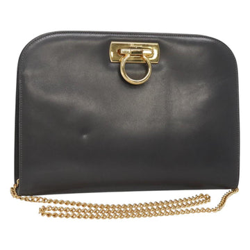 Salvatore Ferragamo Gancini Chain Shoulder Bag Leather Gray Gold Auth 124745