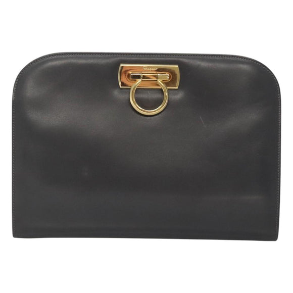 Salvatore Ferragamo Gancini Chain Shoulder Bag Leather Gray Gold Auth 124745