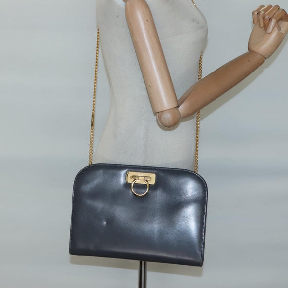 Salvatore Ferragamo Gancini Chain Shoulder Bag Leather Gray Gold Auth 124745