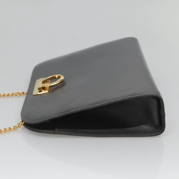 Salvatore Ferragamo Gancini Chain Shoulder Bag Leather Gray Gold Auth 124745