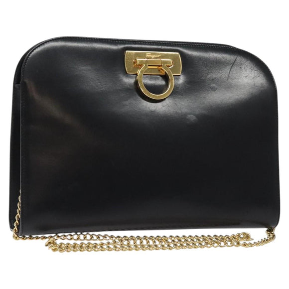 Salvatore Ferragamo Gancini Chain Shoulder Bag Leather Black Gold Auth 124746
