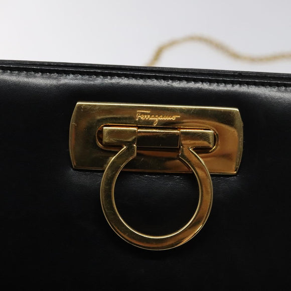 Salvatore Ferragamo Gancini Chain Shoulder Bag Leather Black Gold Auth 124746