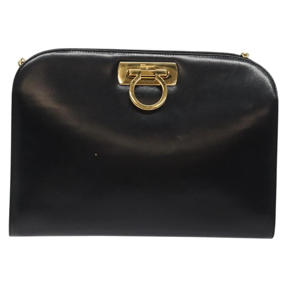 Salvatore Ferragamo Gancini Chain Shoulder Bag Leather Black Gold Auth 124746