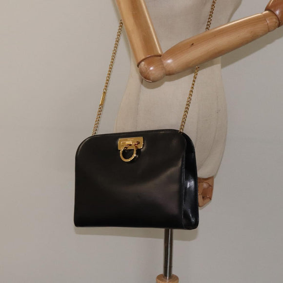 Salvatore Ferragamo Gancini Chain Shoulder Bag Leather Black Gold Auth 124746