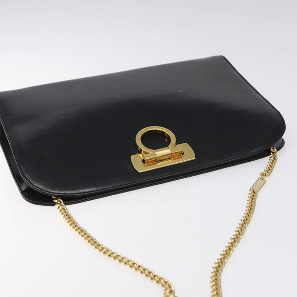 Salvatore Ferragamo Gancini Chain Shoulder Bag Leather Black Gold Auth 124746