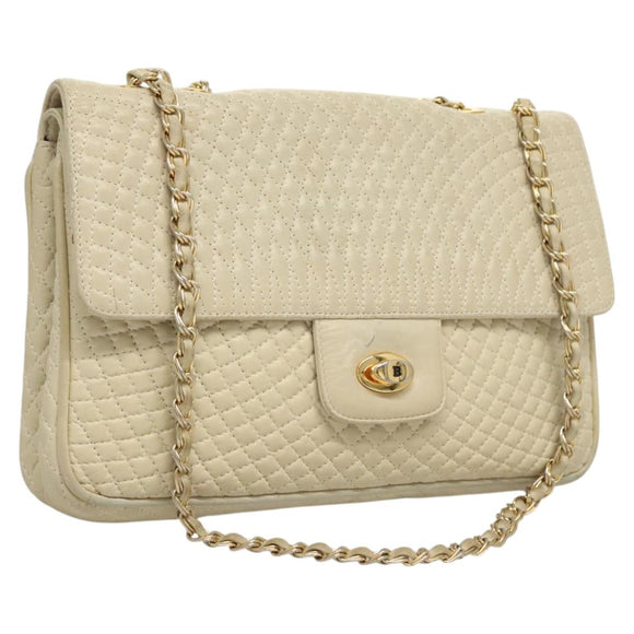 BALLY Chain Shoulder Bag Leather White Gold Auth 124788