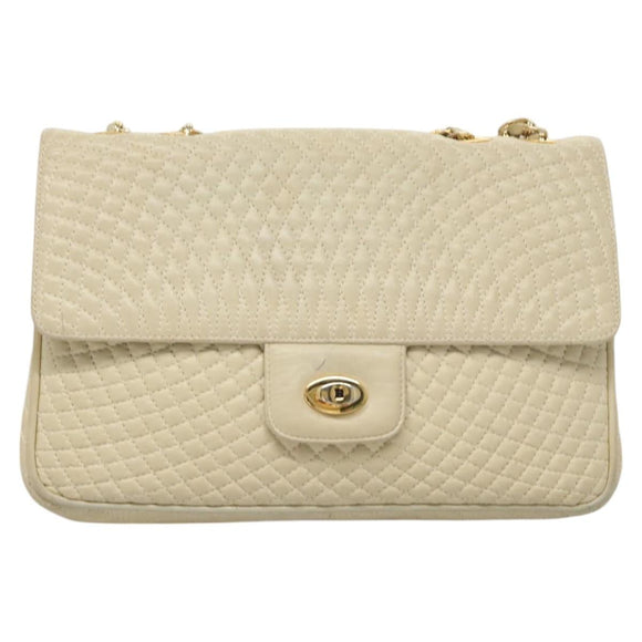 BALLY Chain Shoulder Bag Leather White Gold Auth 124788