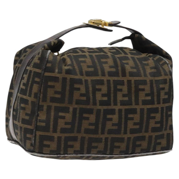 FENDI Zucca Canvas Vanity Pouch Black Brown Gold Auth 124810