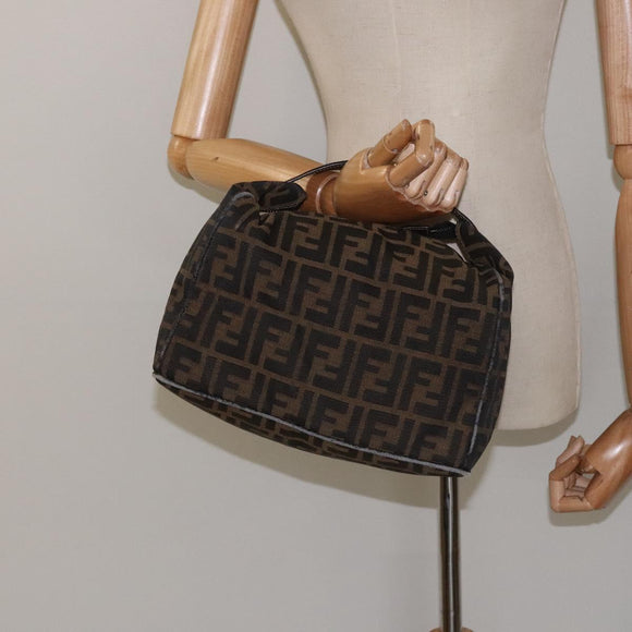 FENDI Zucca Canvas Vanity Pouch Black Brown Gold Auth 124810