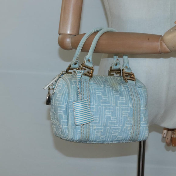 FENDI Zucca Canvas Hand Bag Light Blue Gold Auth 124832