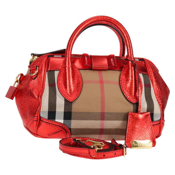 BURBERRY Nova Check Hand Bag Canvas Leather 2way Red Gold Auth 124837V