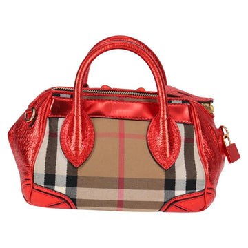 BURBERRY Nova Check Hand Bag Canvas Leather 2way Red Gold Auth 124837V - 0