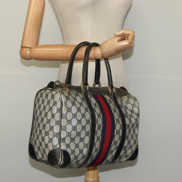 GUCCI GG Supreme Sherry Line Boston Bag PVC Navy Gold Red Auth 124861