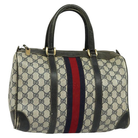 GUCCI GG Supreme Sherry Line Boston Bag PVC Navy Gold Red Auth 124861