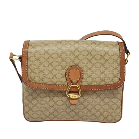CELINE Macadam Canvas Shoulder Bag Beige Gold Auth 124879