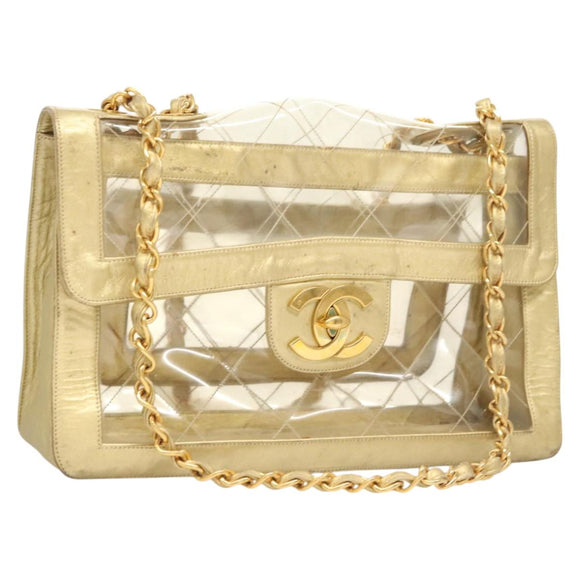CHANEL Matelasse Chain Shoulder Bag Vinyl Clear Gold CC Auth 124906