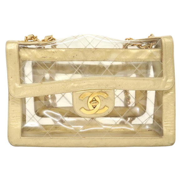 CHANEL Matelasse Chain Shoulder Bag Vinyl Clear Gold CC Auth 124906