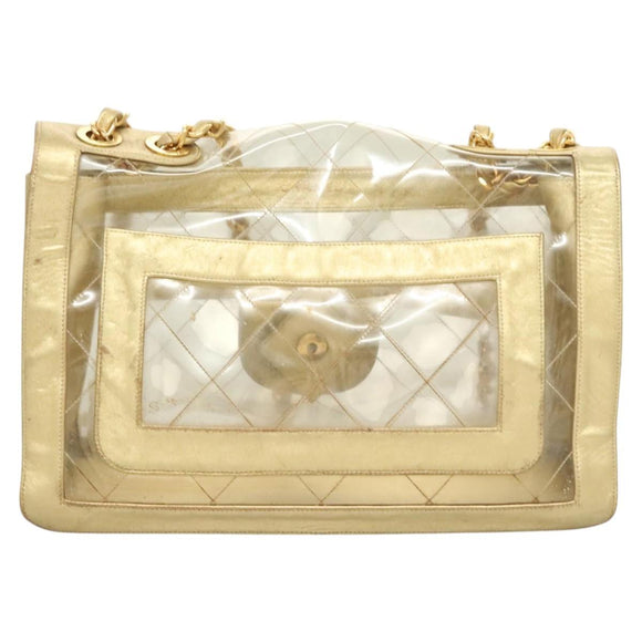 CHANEL Matelasse Chain Shoulder Bag Vinyl Clear Gold CC Auth 124906