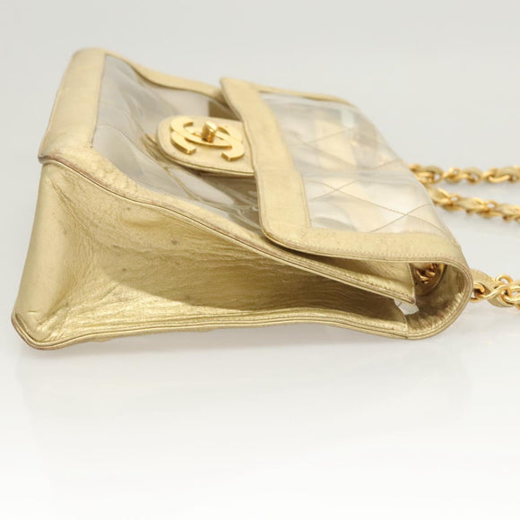 CHANEL Matelasse Chain Shoulder Bag Vinyl Clear Gold CC Auth 124906