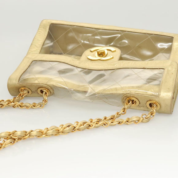 CHANEL Matelasse Chain Shoulder Bag Vinyl Clear Gold CC Auth 124906
