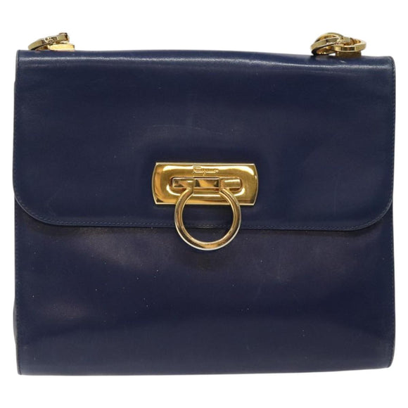 Salvatore Ferragamo Gancini Shoulder Bag Leather Blue Gold Auth 124976