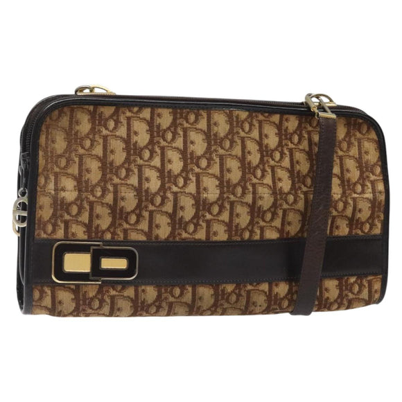 Christian Dior Trotter Canvas Shoulder Bag Brown Gold Auth 124989