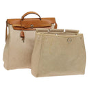 HERMES Herbag Cabas MM Hand Bag Canvas Leather Beige Brown Silver Auth 125002-1