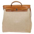 HERMES Herbag Cabas MM Hand Bag Canvas Leather Beige Brown Silver Auth 125002-13