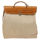 HERMES Herbag Cabas MM Hand Bag Canvas Leather Beige Brown Silver Auth 125002-2