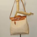 HERMES Herbag Cabas MM Hand Bag Canvas Leather Beige Brown Silver Auth 125002-38