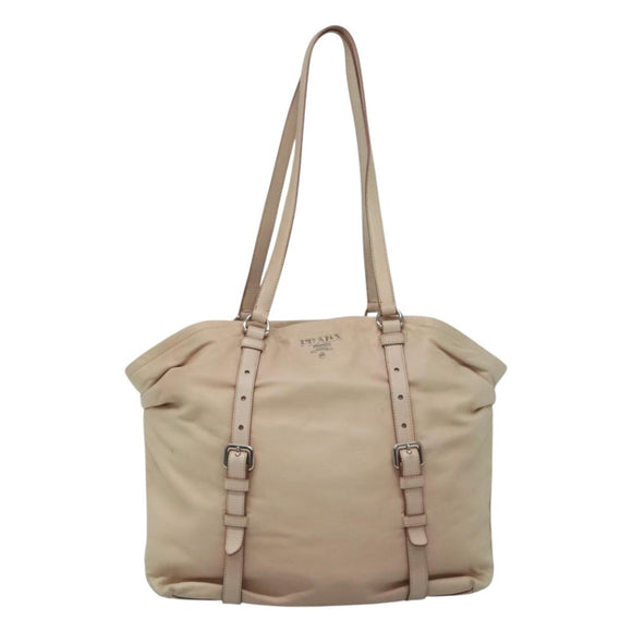 PRADA Shoulder Bag Leather Beige Silver Auth 125050