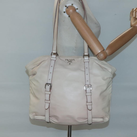 PRADA Shoulder Bag Leather Beige Silver Auth 125050