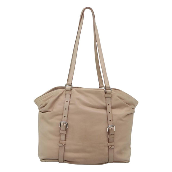PRADA Shoulder Bag Leather Beige Silver Auth 125050