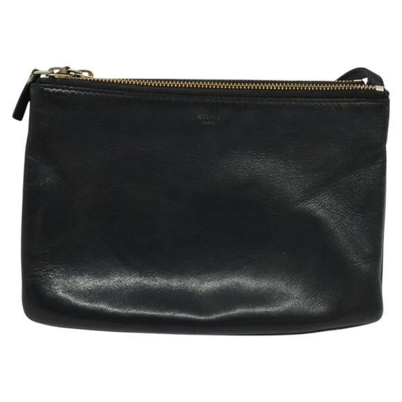 CELINE Trio Shoulder Bag Leather Black Gold Auth 125093