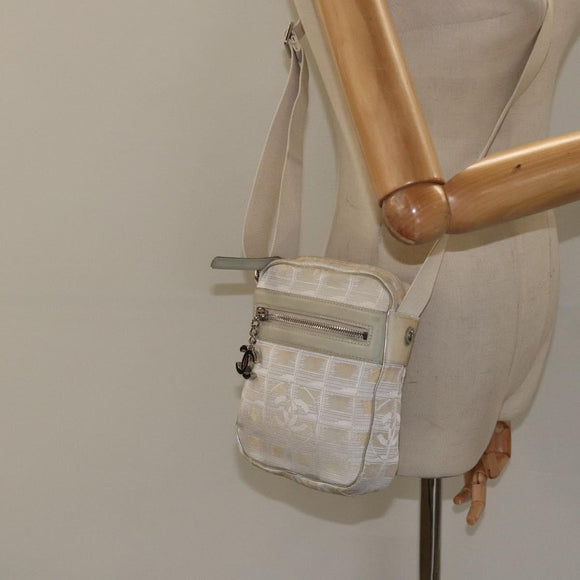 CHANEL New Travel Line Shoulder Bag Canvas White Silver CC Auth 125175