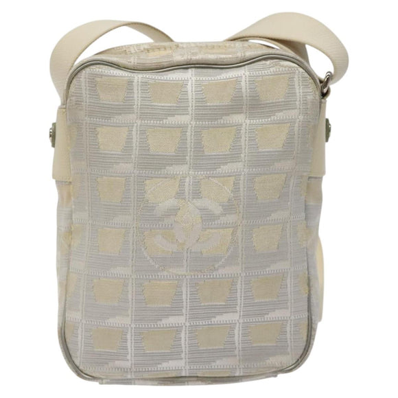 CHANEL New Travel Line Shoulder Bag Canvas White Silver CC Auth 125175