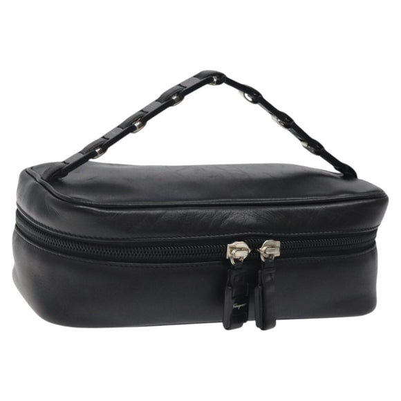 Salvatore Ferragamo Vanity Pouch Leather Black Silver Auth 125183