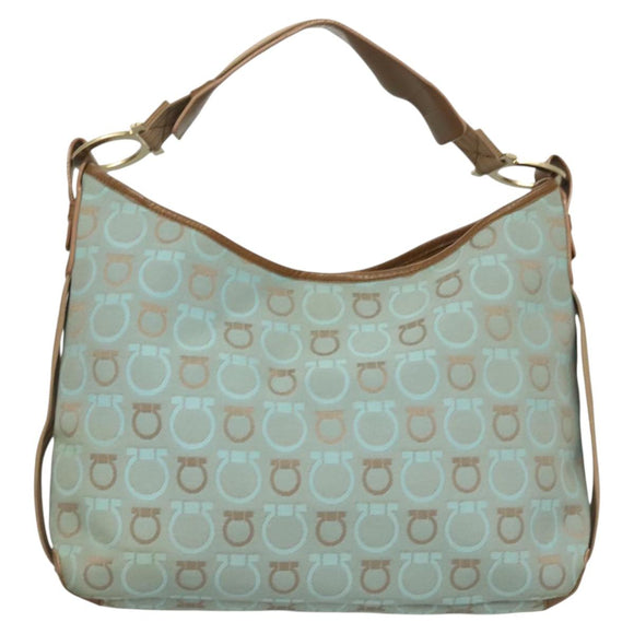 Salvatore Ferragamo Gancini Shoulder Bag Canvas Light Blue Gold Auth 125278