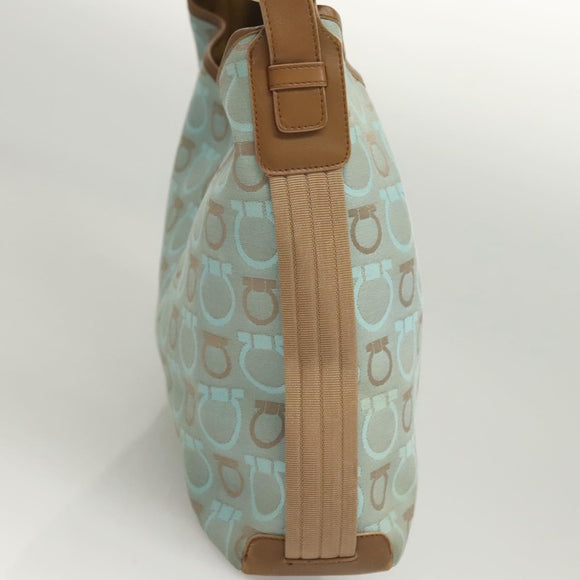Salvatore Ferragamo Gancini Shoulder Bag Canvas Light Blue Gold Auth 125278