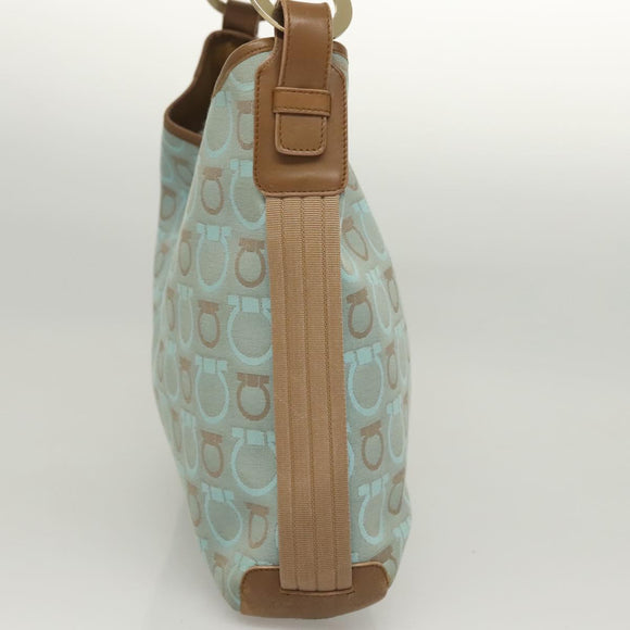 Salvatore Ferragamo Gancini Shoulder Bag Canvas Light Blue Gold Auth 125278