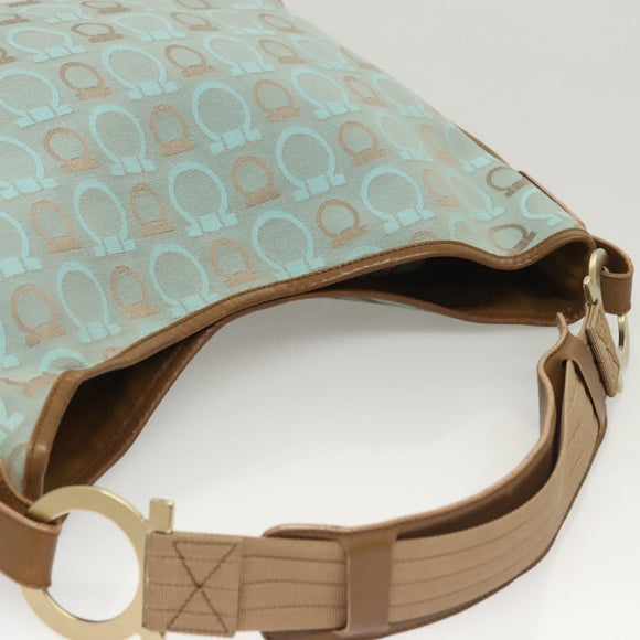 Salvatore Ferragamo Gancini Shoulder Bag Canvas Light Blue Gold Auth 125278