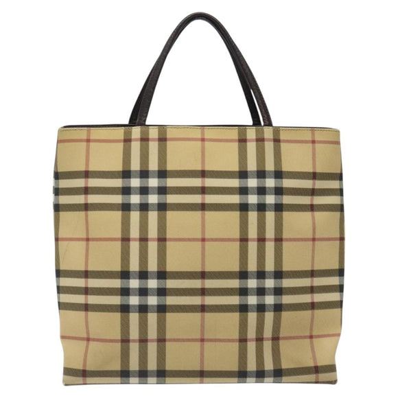 BURBERRY Nova Check Hand Bag PVC Beige Silver Auth 125300