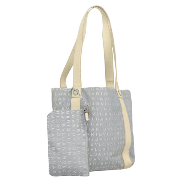 BVLGARI Logogram Tote Bag Canvas Light Blue Silver Auth 125302