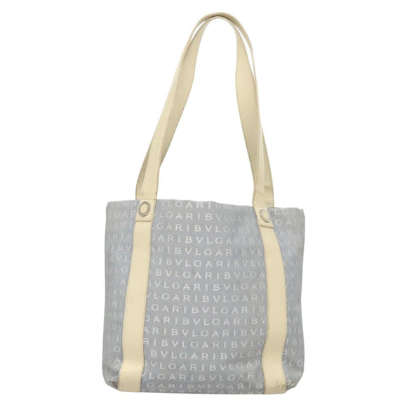 BVLGARI Logogram Tote Bag Canvas Light Blue Silver Auth 125302